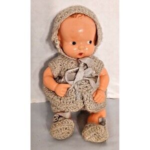 Irwin Hard Plastic Kewpie Doll Crocheted Green Dress 5” Moving Arms Vintage